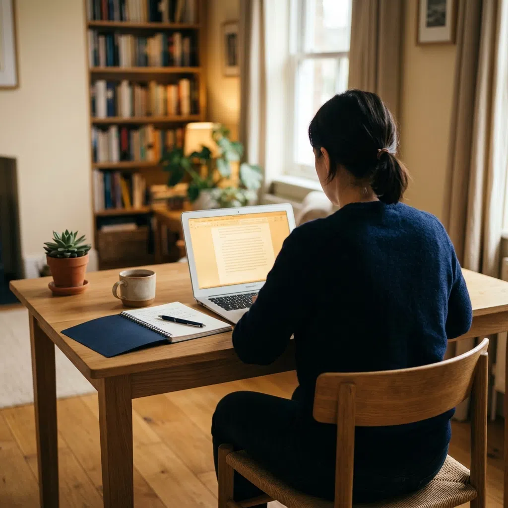 Redacteur van The Beacon Review aan het werk achter laptop